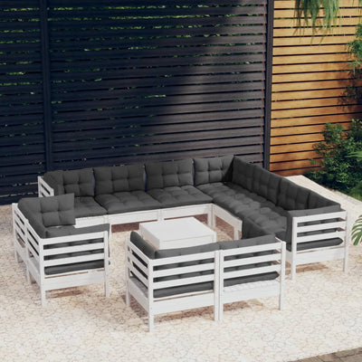 12 Piece Garden Lounge Set with Cushions White Solid Pinewood