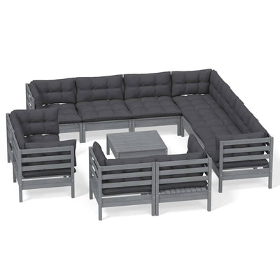 12 Piece Garden Lounge Set with Cushions Grey Solid Pinewood