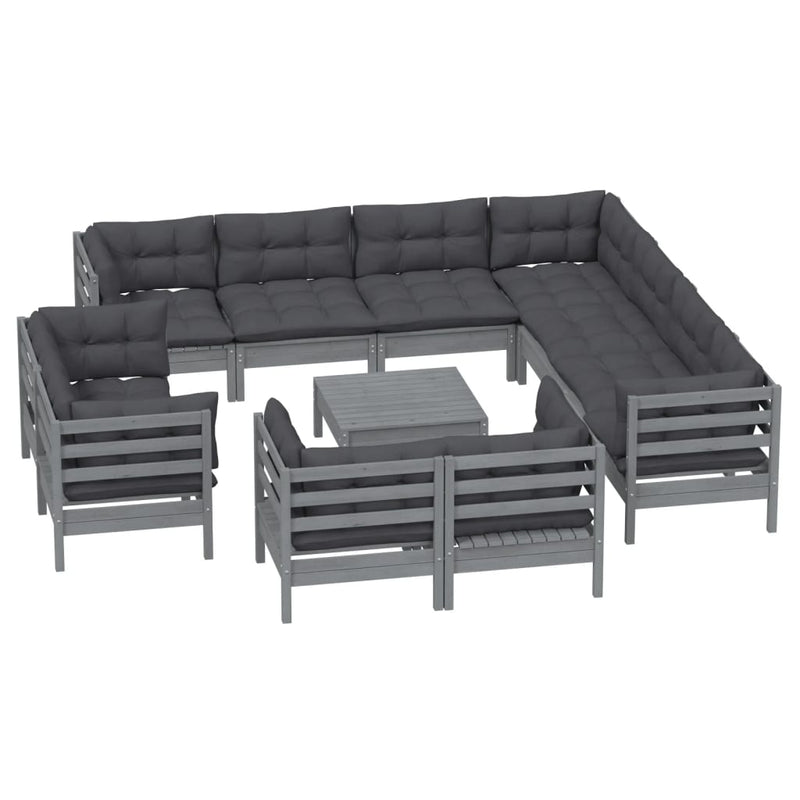 12 Piece Garden Lounge Set with Cushions Grey Solid Pinewood