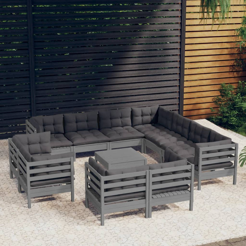 12 Piece Garden Lounge Set with Cushions Grey Solid Pinewood