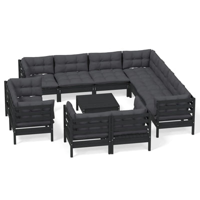 12 Piece Garden Lounge Set with Cushions Black Solid Pinewood