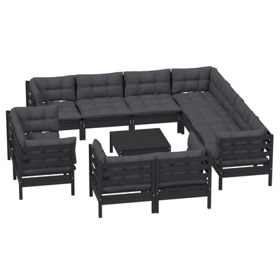 12 Piece Garden Lounge Set with Cushions Black Solid Pinewood