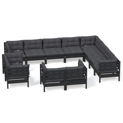 12 Piece Garden Lounge Set with Cushions Black Solid Pinewood