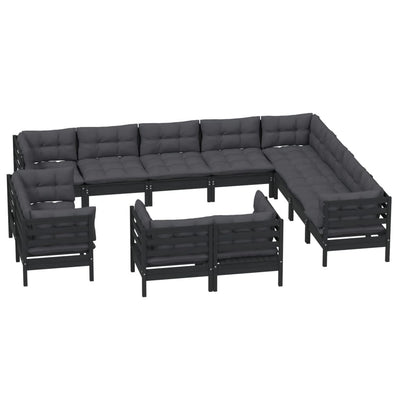 12 Piece Garden Lounge Set with Cushions Black Solid Pinewood