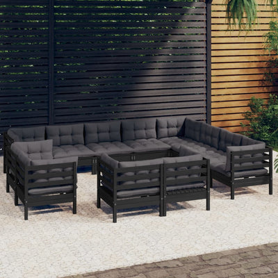 12 Piece Garden Lounge Set with Cushions Black Solid Pinewood