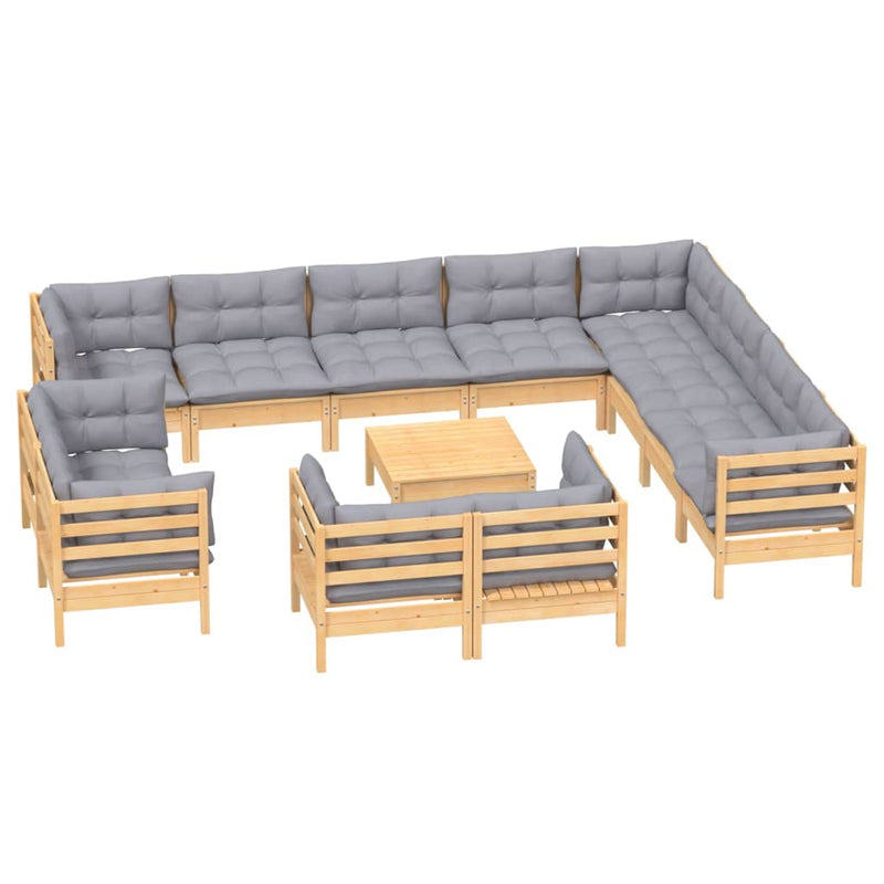 13 Piece Garden Lounge Set with Grey Cushions Solid Pinewood