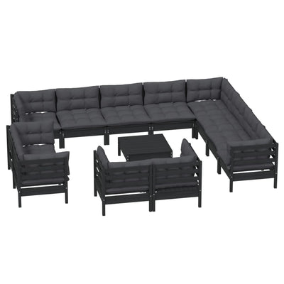 13 Piece Garden Lounge Set with Cushions Black Solid Pinewood