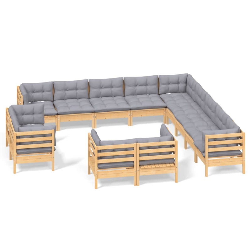 13 Piece Garden Lounge Set with Grey Cushions Solid Pinewood