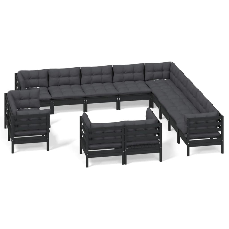 13 Piece Garden Lounge Set with Cushions Black Solid Pinewood