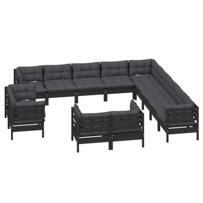 13 Piece Garden Lounge Set with Cushions Black Solid Pinewood