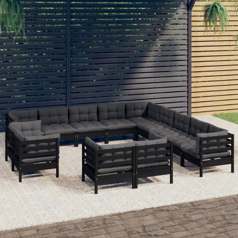 13 Piece Garden Lounge Set with Cushions Black Solid Pinewood