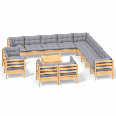 14 Piece Garden Lounge Set with Grey Cushions Solid Pinewood