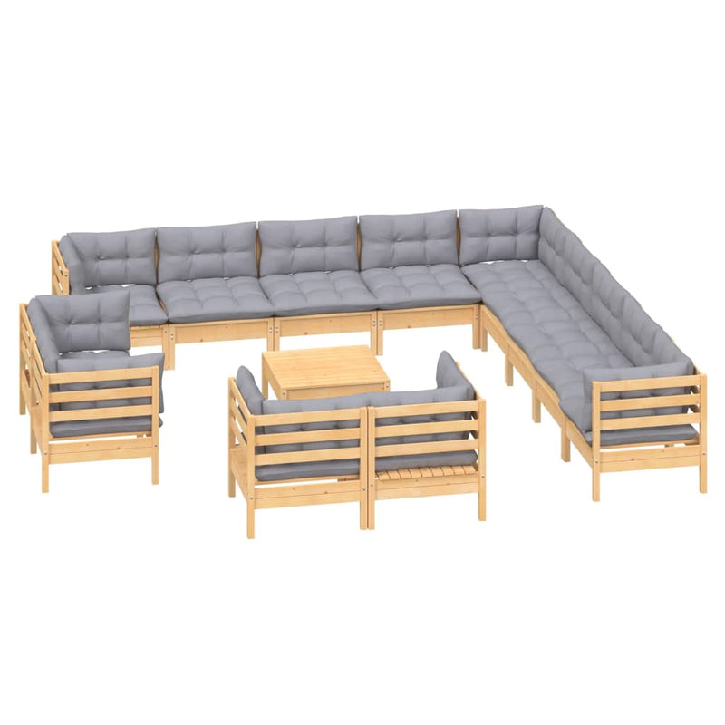 14 Piece Garden Lounge Set with Grey Cushions Solid Pinewood