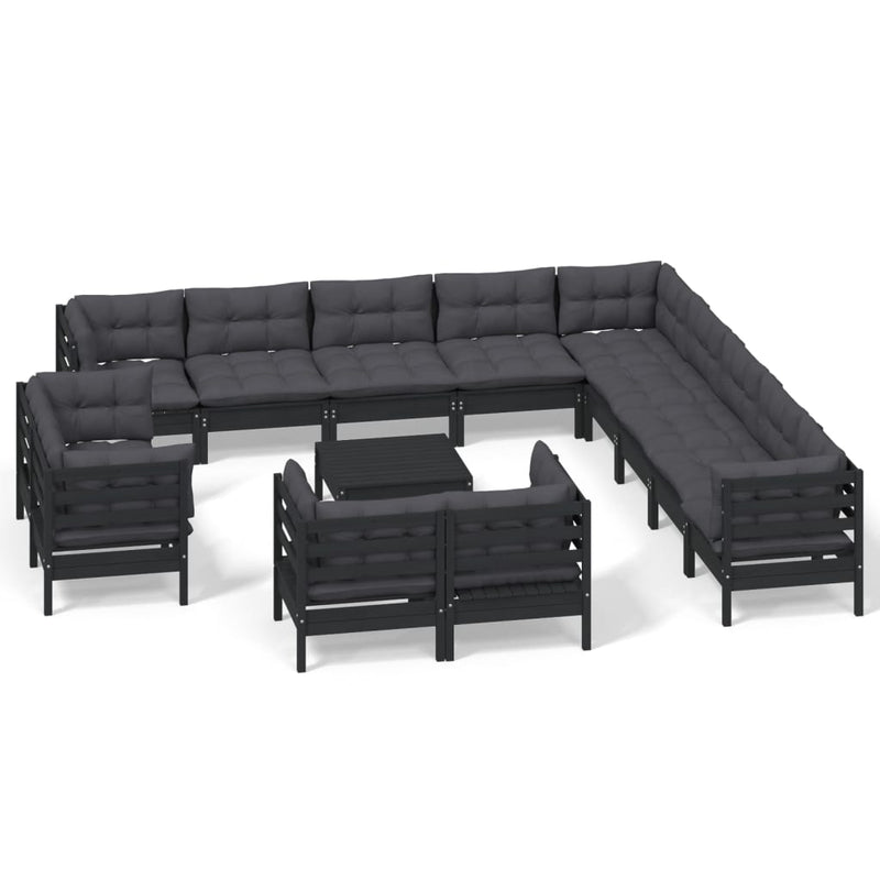 14 Piece Garden Lounge Set with Cushions Black Solid Pinewood