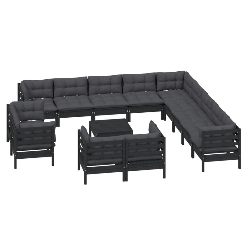 14 Piece Garden Lounge Set with Cushions Black Solid Pinewood