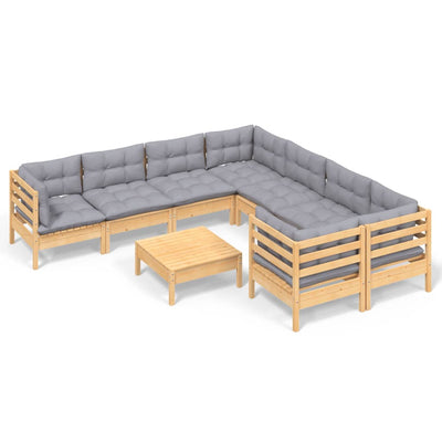 9 Piece Garden Lounge Set with Grey Cushions Pinewood