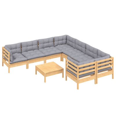 9 Piece Garden Lounge Set with Grey Cushions Pinewood