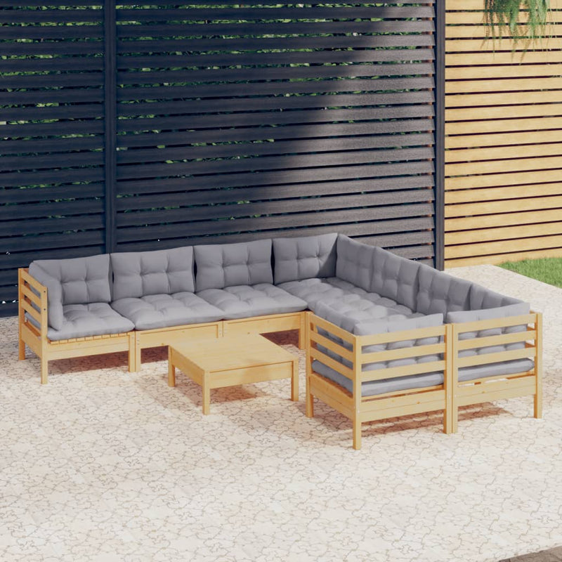 9 Piece Garden Lounge Set with Grey Cushions Pinewood