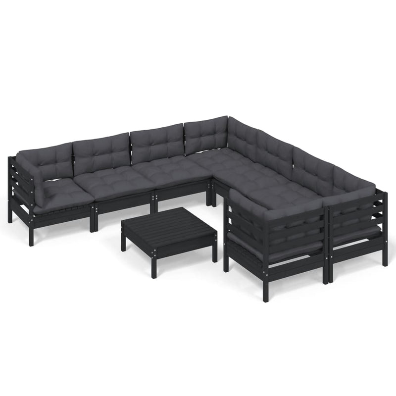 9 Piece Garden Lounge Set with Cushions Black Pinewood