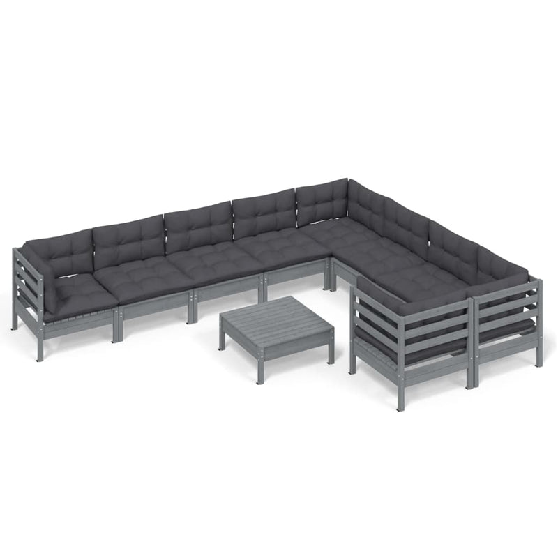 10 Piece Garden Lounge Set with Cushions Grey Pinewood