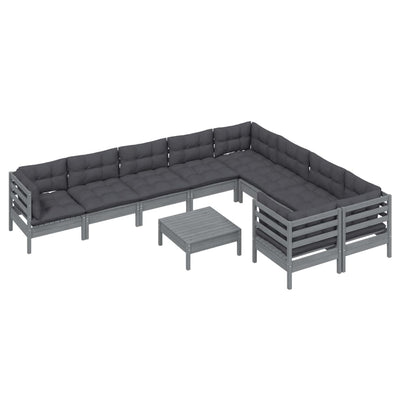 10 Piece Garden Lounge Set with Cushions Grey Pinewood