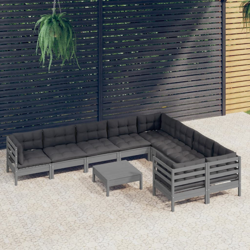 10 Piece Garden Lounge Set with Cushions Grey Pinewood