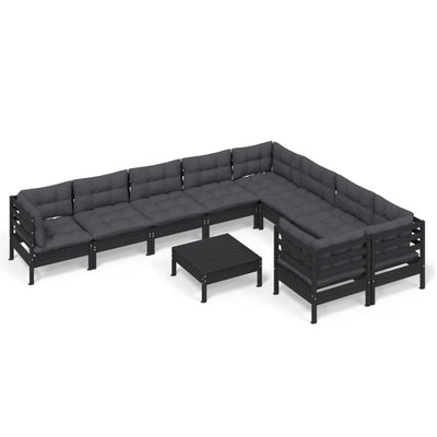 10 Piece Garden Lounge Set with Cushions Black Pinewood