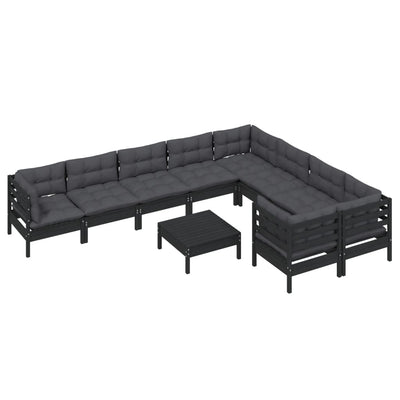 10 Piece Garden Lounge Set with Cushions Black Pinewood