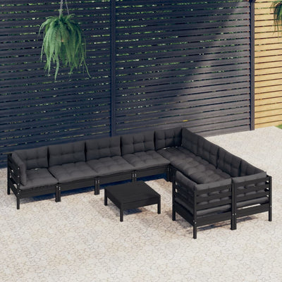 10 Piece Garden Lounge Set with Cushions Black Pinewood