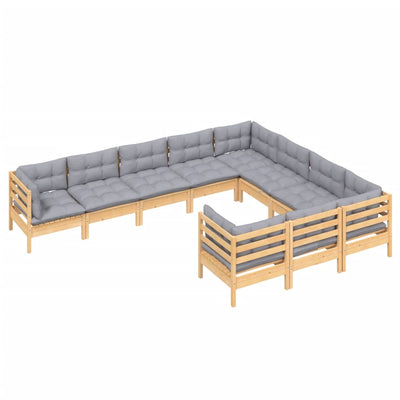 10 Piece Garden Lounge Set with Grey Cushions Pinewood