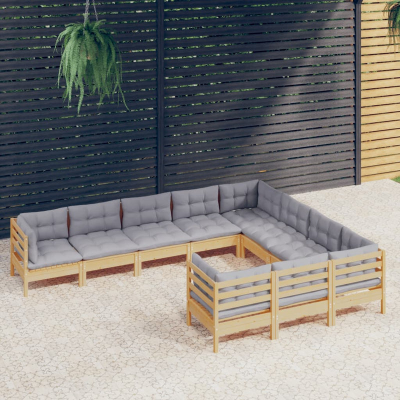 10 Piece Garden Lounge Set with Grey Cushions Pinewood