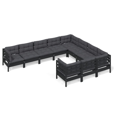 10 Piece Garden Lounge Set with Cushions Black Pinewood