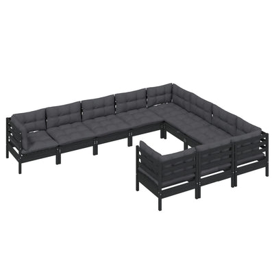 10 Piece Garden Lounge Set with Cushions Black Pinewood