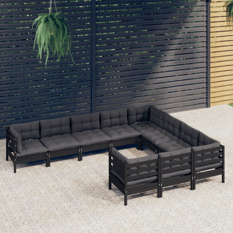 10 Piece Garden Lounge Set with Cushions Black Pinewood