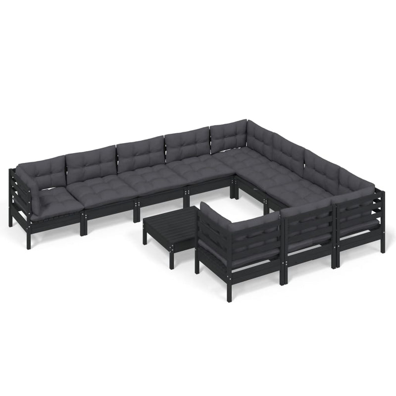 11 Piece Garden Lounge Set with Cushions Black Pinewood