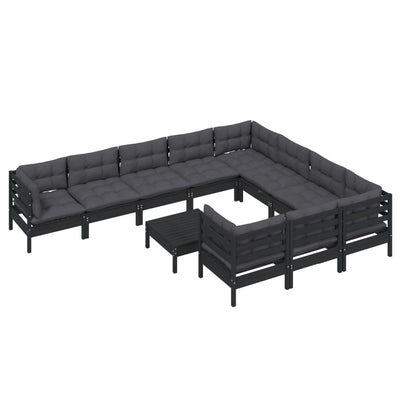 11 Piece Garden Lounge Set with Cushions Black Pinewood