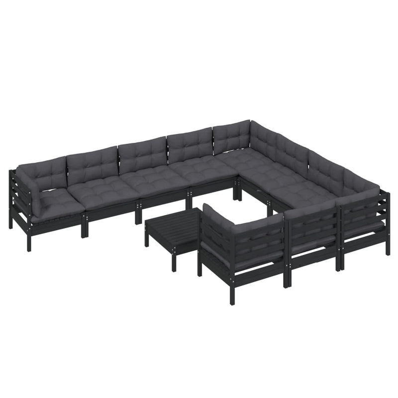 11 Piece Garden Lounge Set with Cushions Black Pinewood