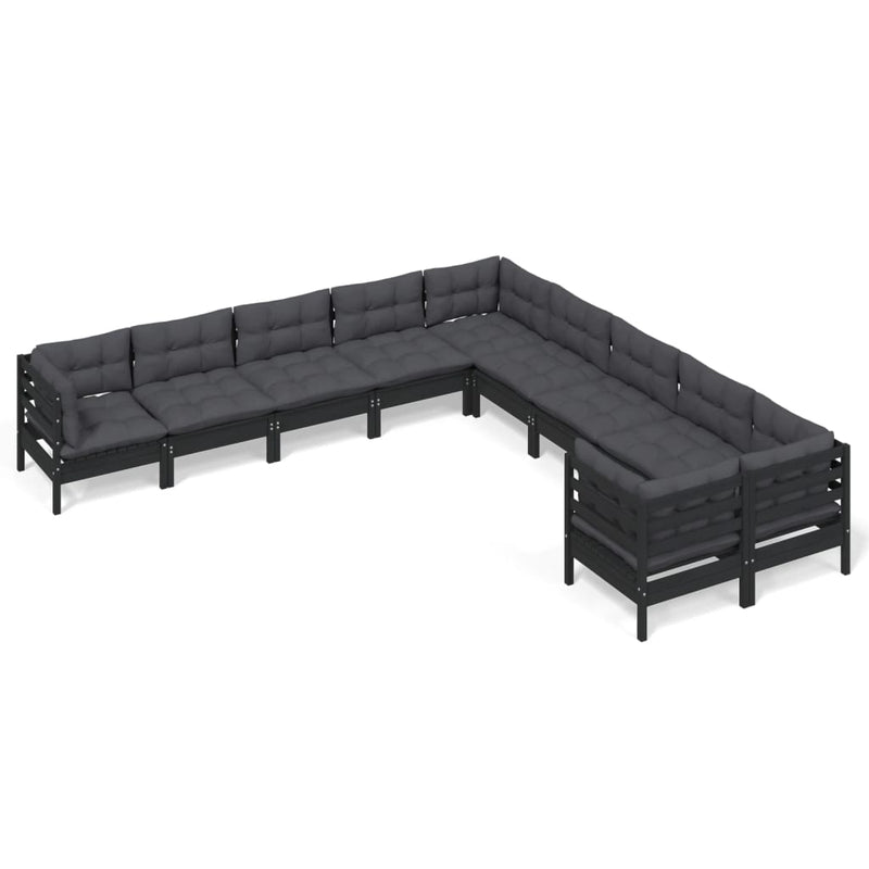 10 Piece Garden Lounge Set with Cushions Black Pinewood