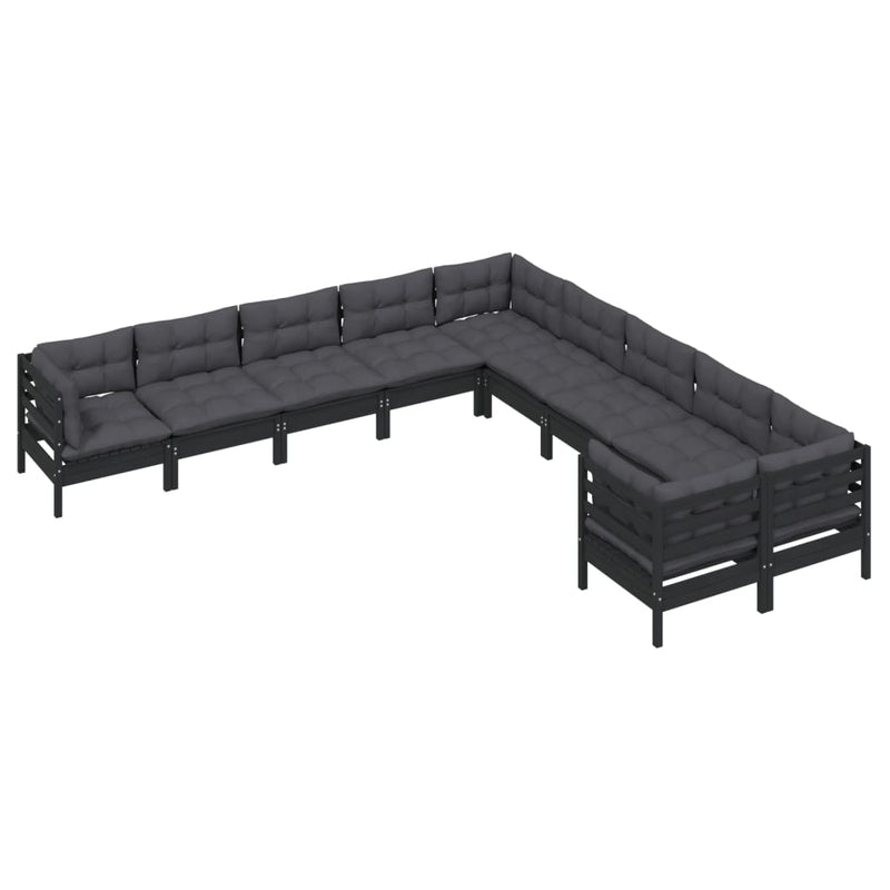 10 Piece Garden Lounge Set with Cushions Black Pinewood