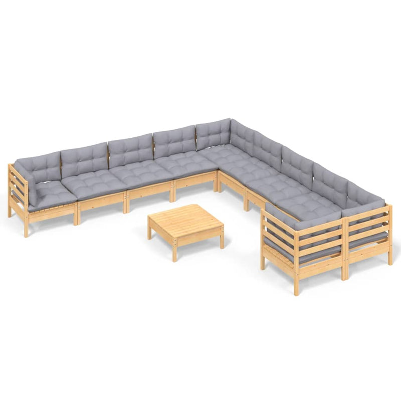 11 Piece Garden Lounge Set with Grey Cushions Pinewood