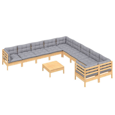 11 Piece Garden Lounge Set with Grey Cushions Pinewood