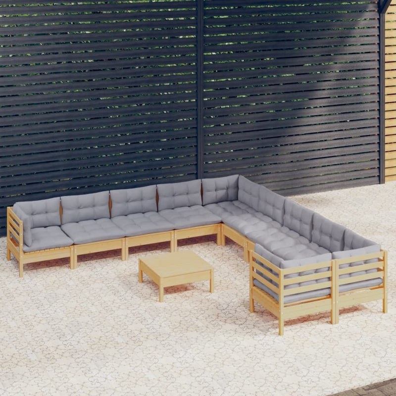 11 Piece Garden Lounge Set with Grey Cushions Pinewood