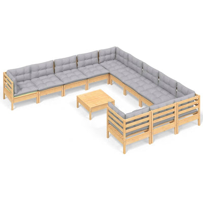 12 Piece Garden Lounge Set with Grey Cushions Pinewood