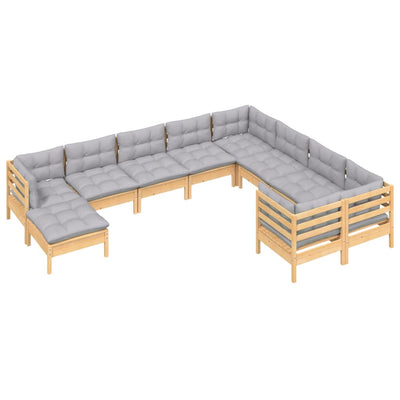 10 Piece Garden Lounge Set with Grey Cushions Pinewood