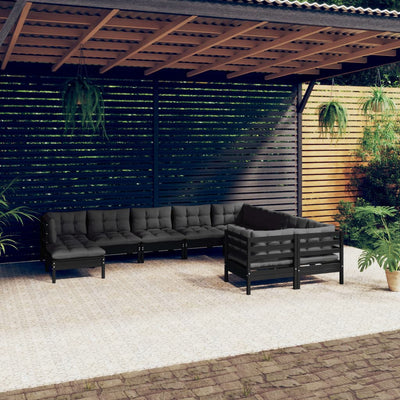 10 Piece Garden Lounge Set with Cushions Black Pinewood