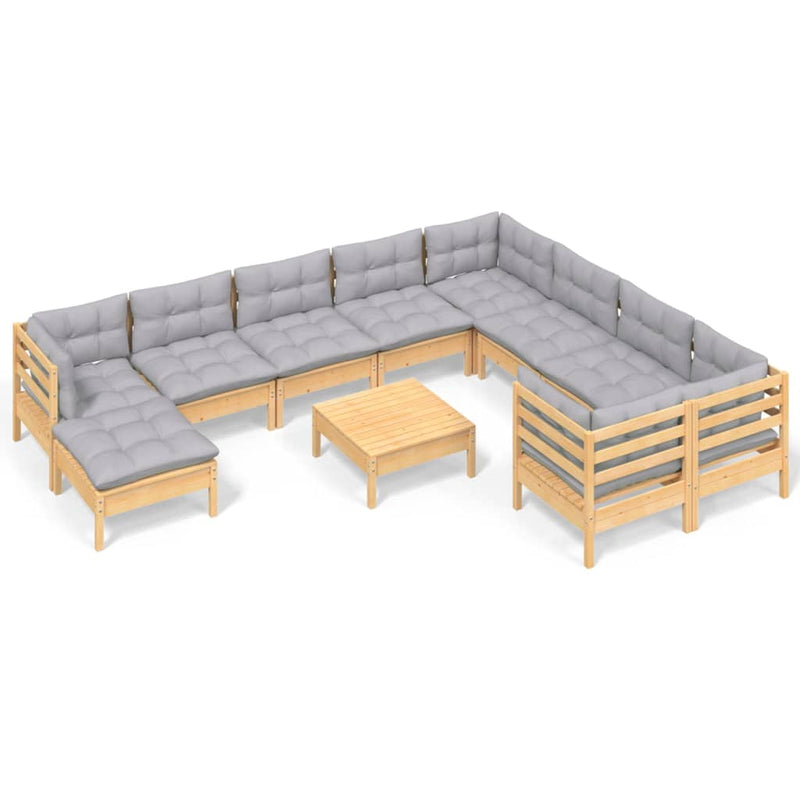 11 Piece Garden Lounge Set with Grey Cushions Pinewood