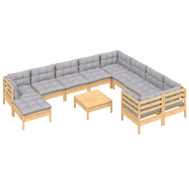 11 Piece Garden Lounge Set with Grey Cushions Pinewood