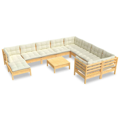 11 Piece Garden Lounge Set with Cream Cushions Pinewood