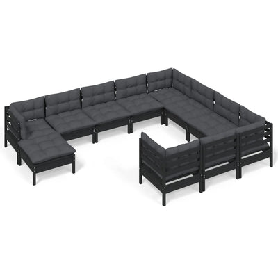 11 Piece Garden Lounge Set with Cushions Black Pinewood