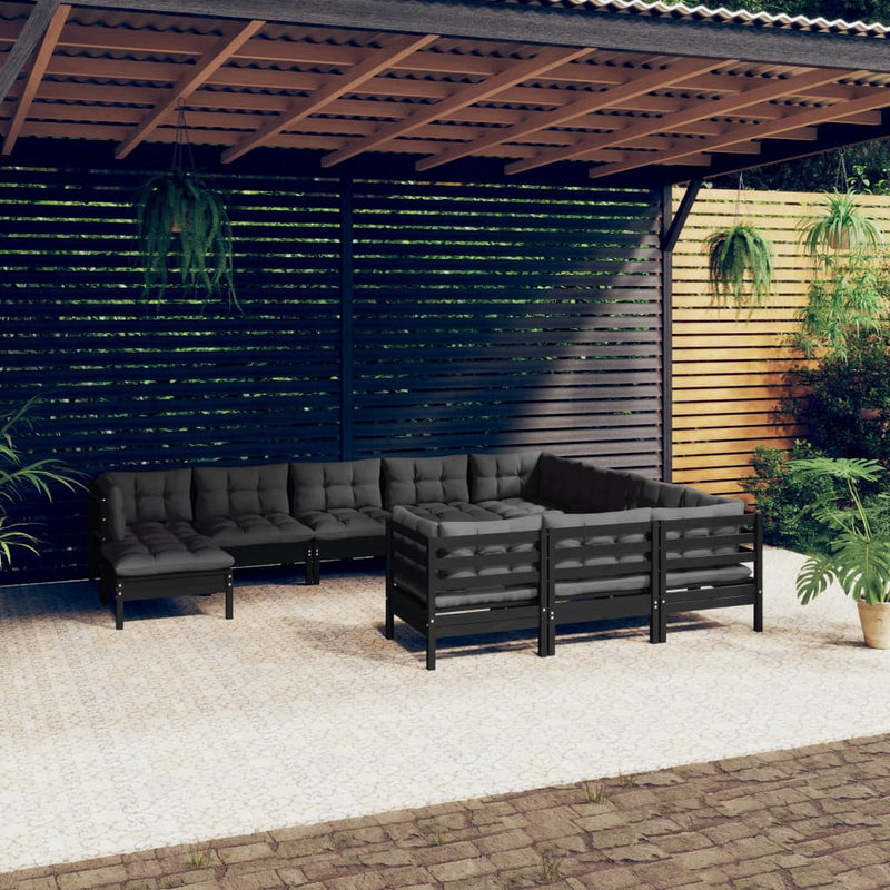 11 Piece Garden Lounge Set with Cushions Black Pinewood